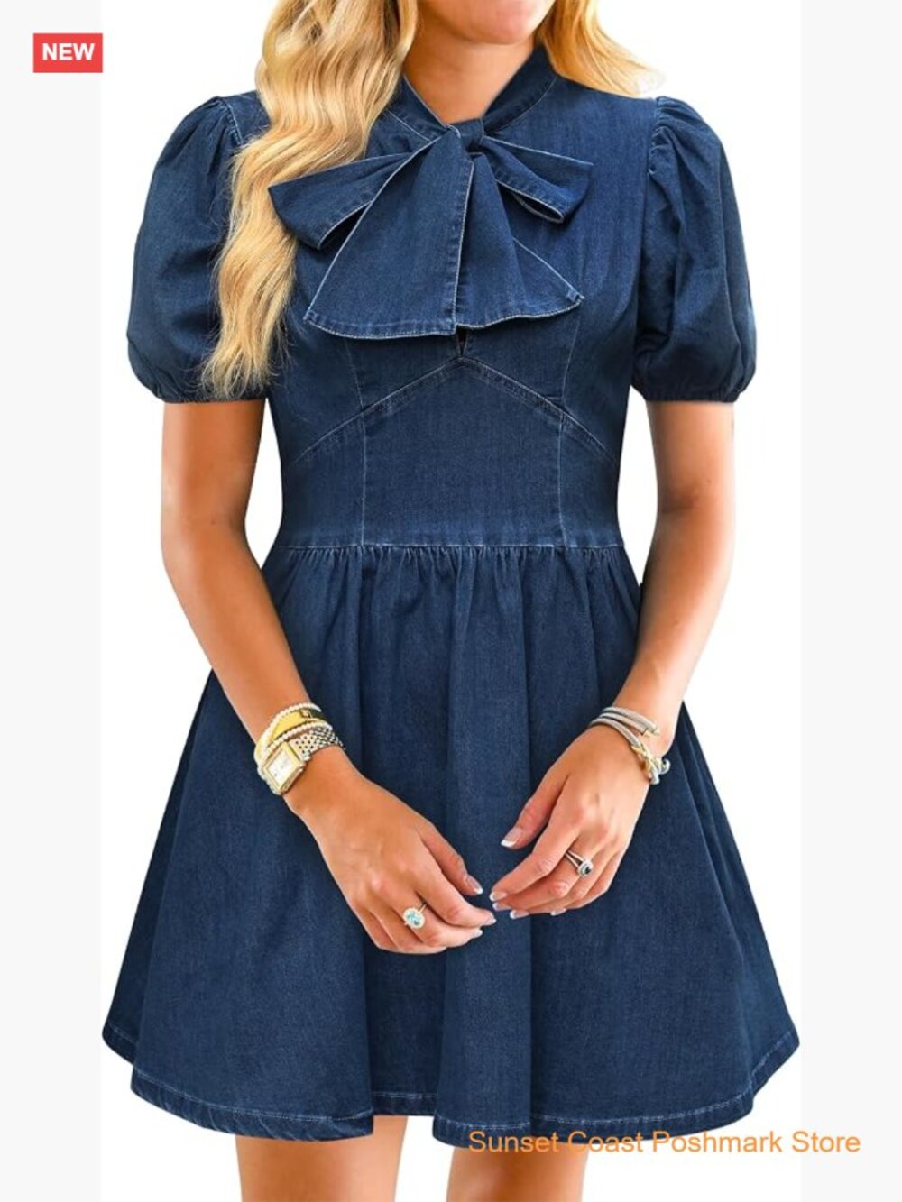 Puff Long Sleeve Babydoll Denim Mini Dress Bow Tie A-line Casual